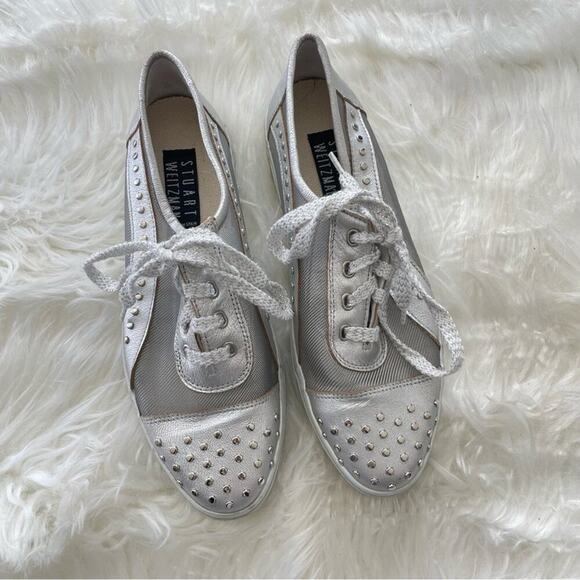 Stuart Weitzman | Women’s Silver Mesh Studded Studs Embellished Sneakers Shoes 7 - Picture 3 of 10